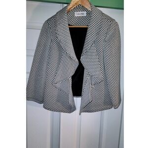 Calvin Klein Womens 14P Black White Geometric Basketweave Open Front Blazer